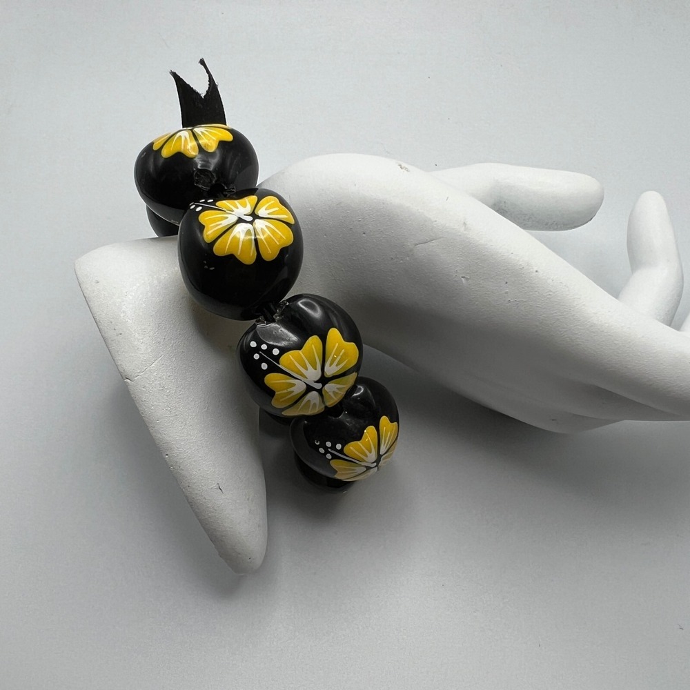 Hawaiian Necklace Bracelet Black Yellow Hibiscus‎ Flower Handmade Stretch
